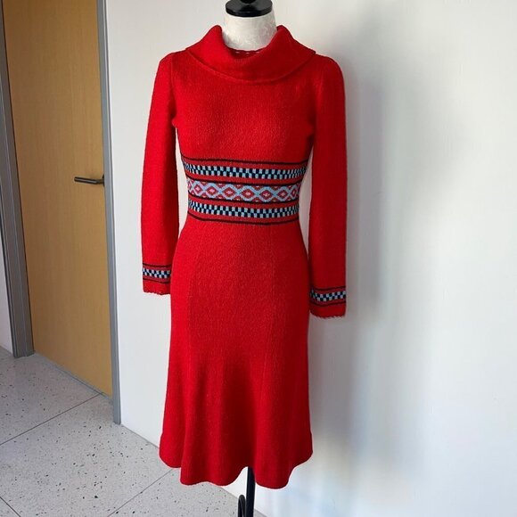 Picardo Knits Vintage Sweater Dress Size Small Red Knit Fitted Midi Cowl Neck - Picture 14 of 14
